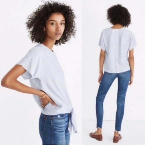 Madewell Button Back Tie Tee in Blue and White Pinstripe - Picture 1 of 11
